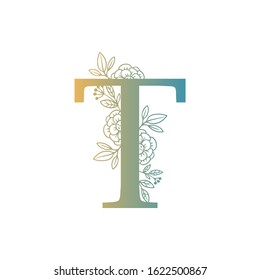 Letter floral Vector Hand Drawn Flowered T monogram, logo, icon. Uppercase Letter with Flowers and Branches. Wildflowers Floral Design illustration.