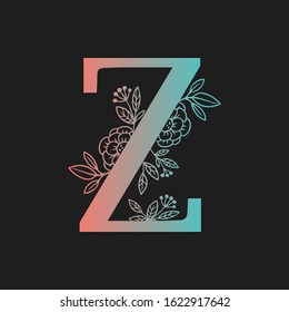 Letter floral Vector Hand Drawn Flowered Z monogram, logo, icon. Uppercase Letter with Flowers and Branches. Wildflowers Floral Design illustration.