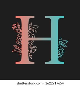 Letter floral Vector Hand Drawn Flowered H monogram, logo, icon. Uppercase Letter with Flowers and Branches. Wildflowers Floral Design illustration.