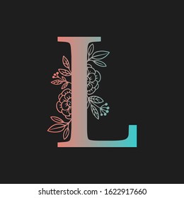Letter floral Vector Hand Drawn Flowered L monogram, logo, icon. Uppercase Letter with Flowers and Branches. Wildflowers Floral Design illustration.