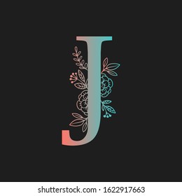 Letter floral Vector Hand Drawn Flowered J monogram, logo, icon. Uppercase Letter with Flowers and Branches. Wildflowers Floral Design illustration.