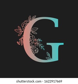 Letter floral Vector Hand Drawn Flowered G monogram, logo, icon. Uppercase Letter with Flowers and Branches. Wildflowers Floral Design illustration.