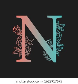 Letter floral Vector Hand Drawn Flowered N monogram, logo, icon. Uppercase Letter with Flowers and Branches. Wildflowers Floral Design illustration.