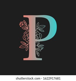 Letter floral Vector Hand Drawn Flowered P monogram, logo, icon. Uppercase Letter with Flowers and Branches. Wildflowers Floral Design illustration.