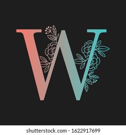 Letter floral Vector Hand Drawn Flowered W monogram, logo, icon. Uppercase Letter with Flowers and Branches. Wildflowers Floral Design illustration.