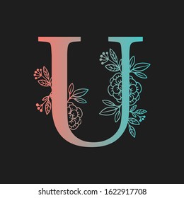 Letter floral Vector Hand Drawn Flowered U monogram, logo, icon. Uppercase Letter with Flowers and Branches. Wildflowers Floral Design illustration.