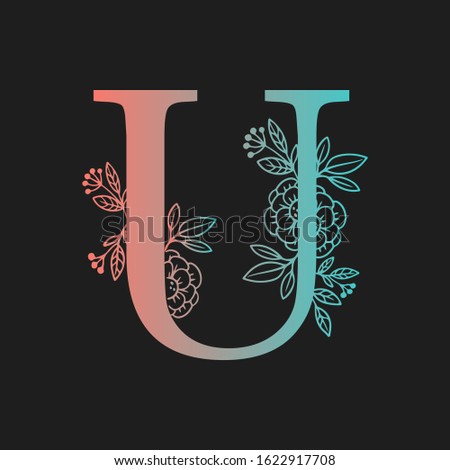 Letter floral Vector Hand Drawn Flowered U monogram, logo, icon. Uppercase Letter with Flowers and Branches. Wildflowers Floral Design illustration.