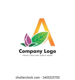 Letter A with flower and leaf for logo design. For nature, spa, beauty care salon branding.
