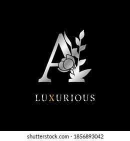 letter A flower leaves decoration for wedding, beauty care logo, personal branding identity, make up artist or any other royal brand and company. luxurious gold and silver color sample in dummy text