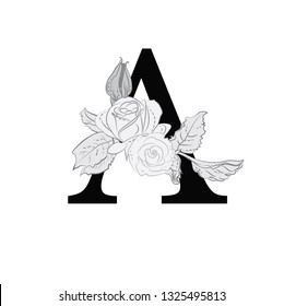 Letter A with flowers. The composition of flowers and letters. Latin letter in monochrome retro style. Stylish decorative composition for a logo, signboard, banner, print.