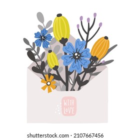 Letter with flowers. Hand drawn vector illustration. Card or wedding stationary concept.