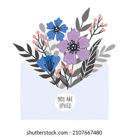 Letter with flowers. Hand drawn vector illustration. Card or wedding stationary concept.