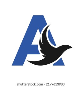 Letter A Flying Bird Logo Template Vector Sign. Dove Bird Logo on Letter A Concept