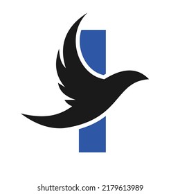 Letter I Flying Bird Logo Template Vector Sign. Dove Bird Logo on Letter I Concept