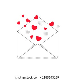 A letter with flying hearts. Contour vector icon / symbol.