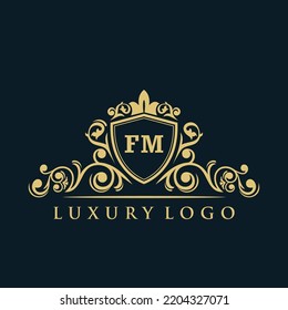 Letter FM logo with Luxury Gold Shield. Elegance logo vector template.