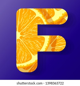 Letter F,made of orange fruit slices, isolated on a dark blue background, vector illustration