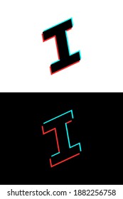 I letter font made of glitch, stereo effect. Dynamic, split red and blue color. For dj logo, electromusic posters, bright logo and more. Vector illustration