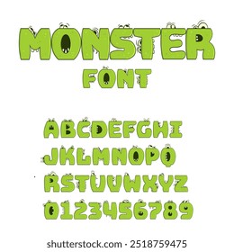 Letter font in the shape of funny green monsters with eyes and teeth