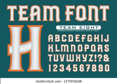 Letter font for team logos. This vector alphabet has shiny 3d thread effects creating the style of embroidered thread garment logos.