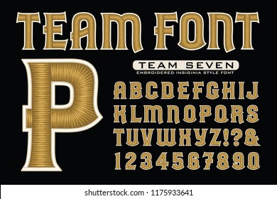 Letter font for team logos. This vector alphabet has shiny 3d thread effects creating the style of embroidered thread garment logos.