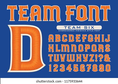 Letter font for team logos. This vector alphabet has shiny 3d thread effects creating the style of embroidered thread garment logos.