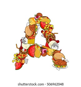 Letter A food. Typography sign from products. Edible template elements of alphabet. ABC concept type as logotype for feed. Pizza and taco. Donuts and FAstfood. Hotdog and cookies. Baked turke 