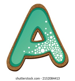 Letter a in the form of cookies with aquamarine icing, alphabet, vector illustration