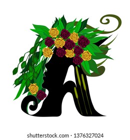 The letter A is in the form of a girl and her hair is made of flowers.