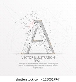 Letter A form mesh line and composition digitally drawn in the form of broken a part triangle shape and scattered dots low poly wire frame.