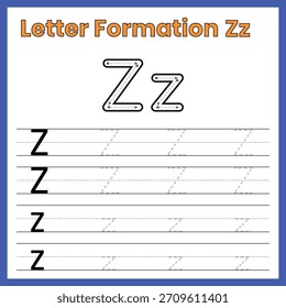 Formación de letras Zz – Hoja de trabajo de trazado en mayúsculas y minúsculas