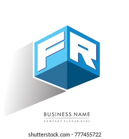 Letter FR logo in hexagon shape and blue background, cube logo with letter design for company identity.
