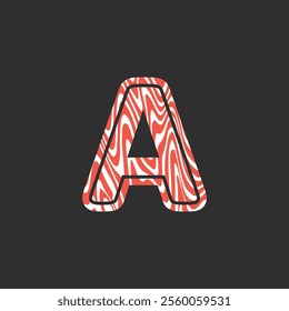 Letter A from fresh raw meat fish. Vector latin meat alphabet. Red meat salmon font for restaurants, butcher shop, farmers market, Salmon fillet marble texture, fish pattern. 