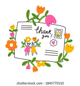 Letter for a friend, cartoon envelope with flowers, stamps and cute little girls, vector illustration isolated on white background