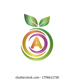 A letter fruit logo with green leaf and gradient.A Letter Orange logo design.A letter circle fruit logo design.Leaf and fruit logo with A letter