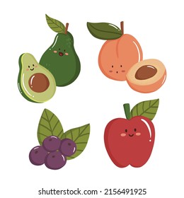 Letter A Fruit Vector Doodle Character Apple, Avocado, Acai Berry and Apricot Illustration Cute Design