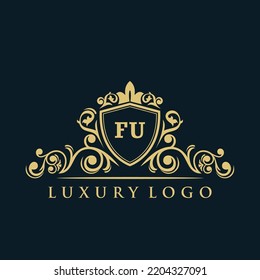 Letter FU logo with Luxury Gold Shield. Elegance logo vector template.