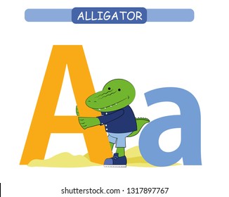 Letter A and funny cartoon alligator. 
Animals alphabet a-z. Cute zoo alphabet in vector for kids learning English vocabulary. Printable sheet.