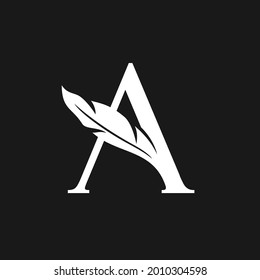 Letter A with fur feather icon. Quill Pen logo design. Vector Illustration.