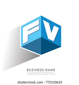 Letter FV logo in hexagon shape and blue background, cube logo with letter design for company identity.
