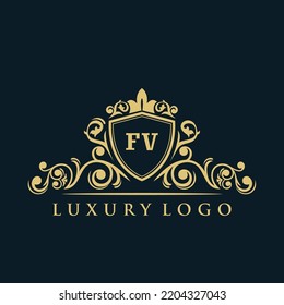 Letter FV logo with Luxury Gold Shield. Elegance logo vector template.