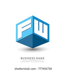 Letter FW logo in hexagon shape and blue background, cube logo with letter design for company identity.
