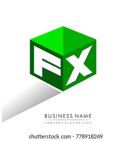 Letter FX logo in hexagon shape and green background, cube logo with letter design for company identity.
