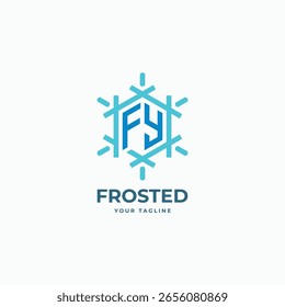 Letter FY hexagonal logo design with abstract snowflakes ice vector illustration