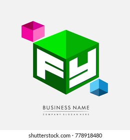 Letter FY logo in hexagon shape and green background, cube logo with letter design for company identity.
