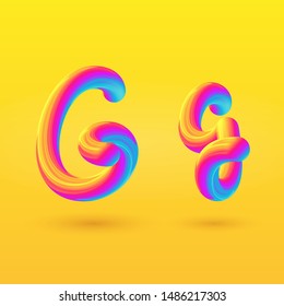 Letter G 3D vector. Liquid gradient shape on yellow background. Colorful hand draw alphabet for branding, logo, a set of words. Festive typography, childrens alphabet, uppercase letters