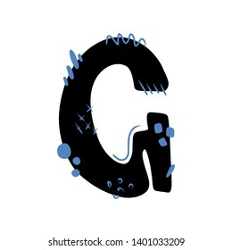 Letter G abstract vector black font with blue elements dots, stripes, lines, spots. Abc, alphabet isolated on white background. Perfect illustration for your design - print, poster, card, logo, label