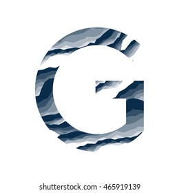 The letter G, in the alphabet abstract background marble, bark, mountain, stone layer  set dark blue shade color isolated on white background