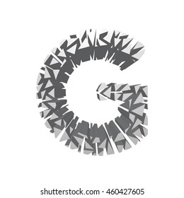 The letter G, in the alphabet broken 3d perspective set silver color isolated on white background