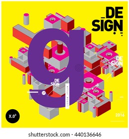 Letter G alphabet with colorful abstract isometric background illustration. Space layout and design template. Composition for poster and publication design.